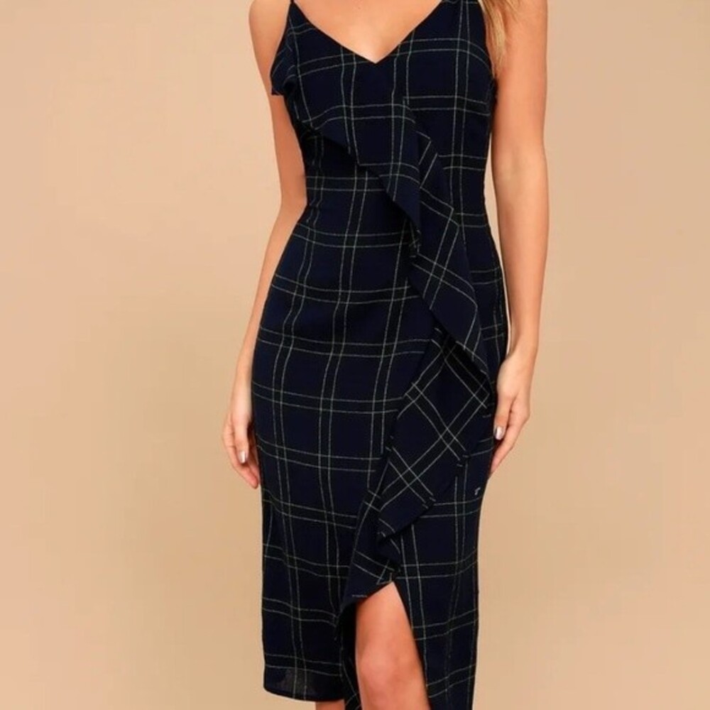 NWT Lulus Candid Moments Navy Blue Plaid Ruffled Midi Dress Size M Women